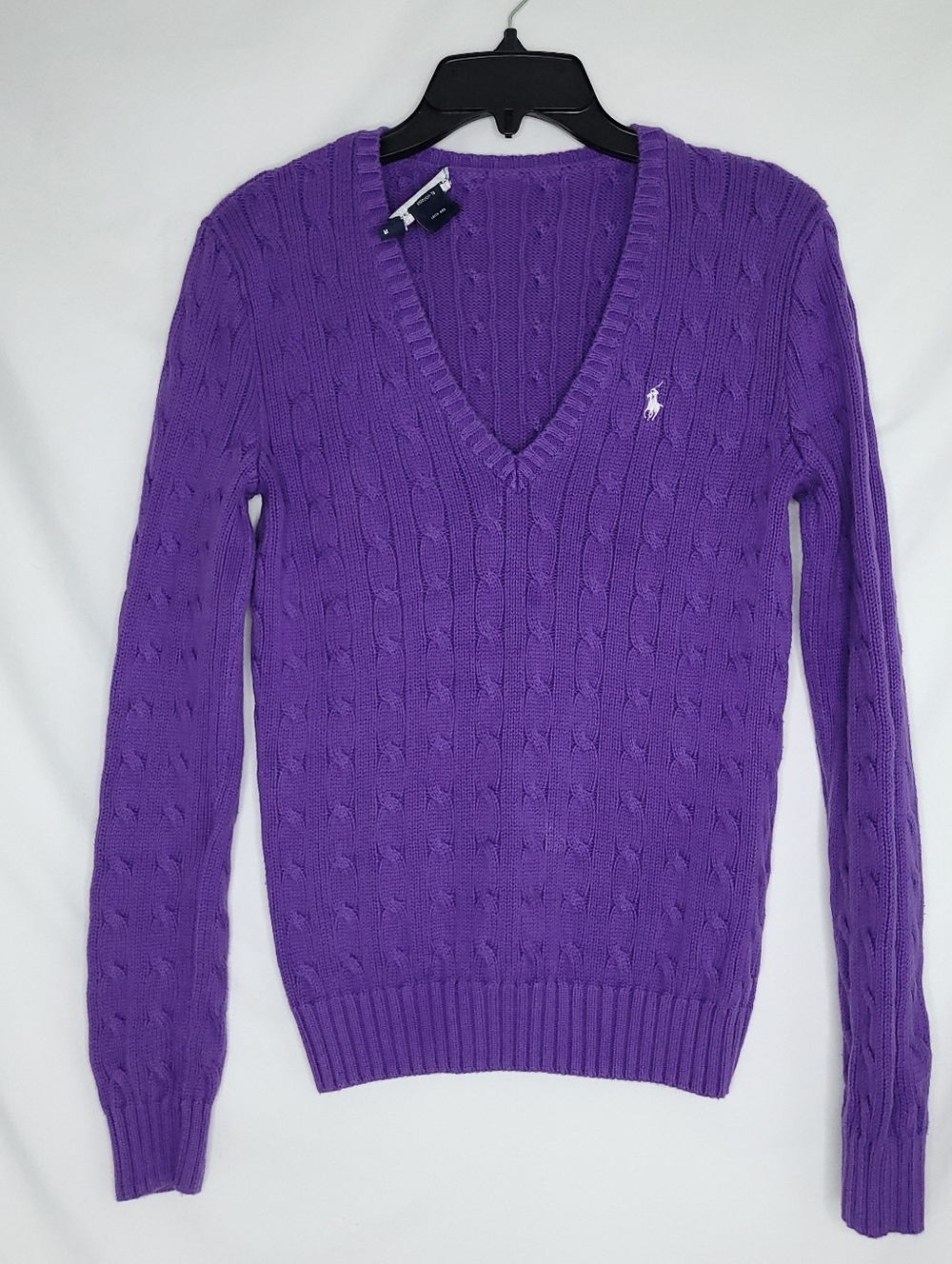 RALPH LAUREN SPORT Women's Purple Cable Knit V-neck Pullover Sweater MEDIUM